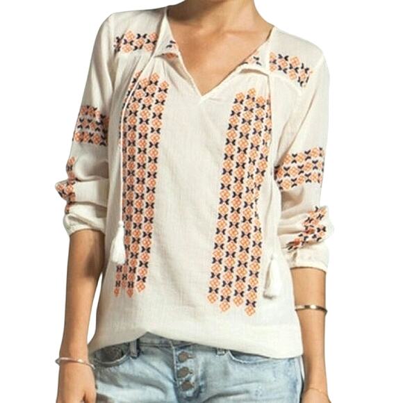 Joie Embroidered Boho Peasant Top Long Sleeve Lightweight Ivory Cream Cotton M - Picture 1 of 16